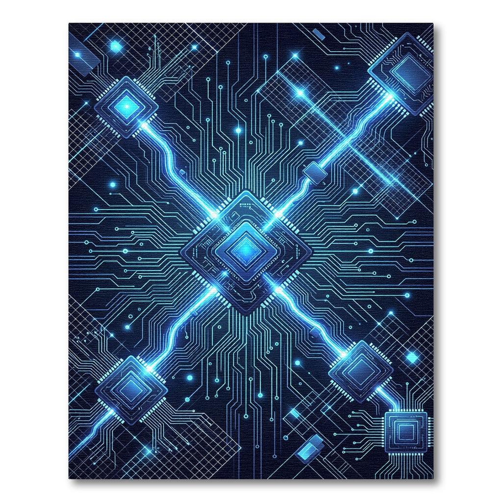 Luminous Blue Cybernetic Circuitry Geometric Rug