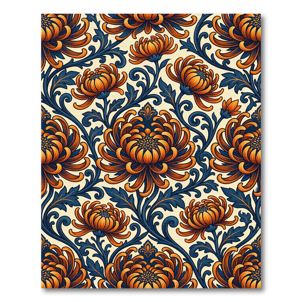 Orange Chrysanthemum Indigo Scroll Rug