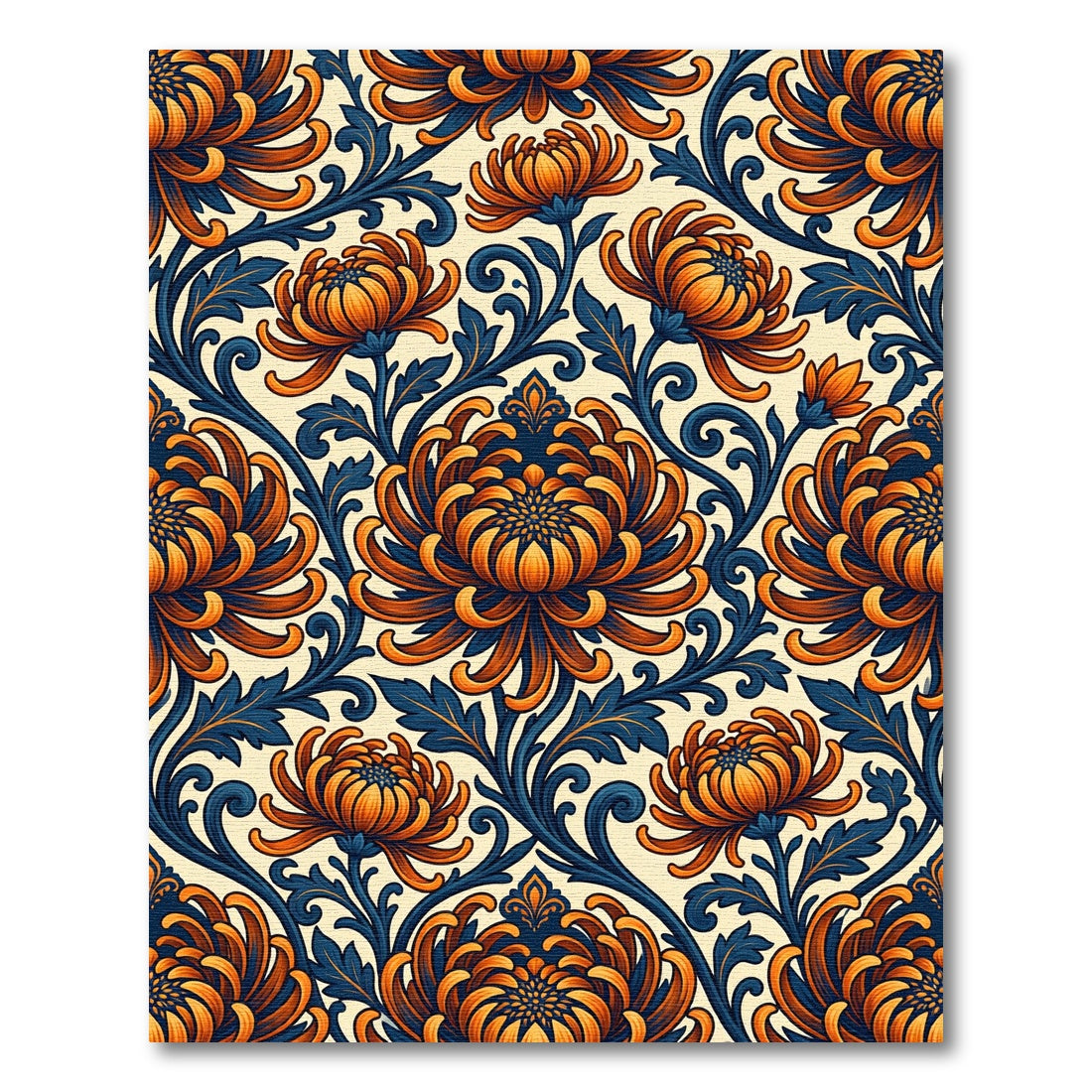 Orange Chrysanthemum Indigo Scroll Rug