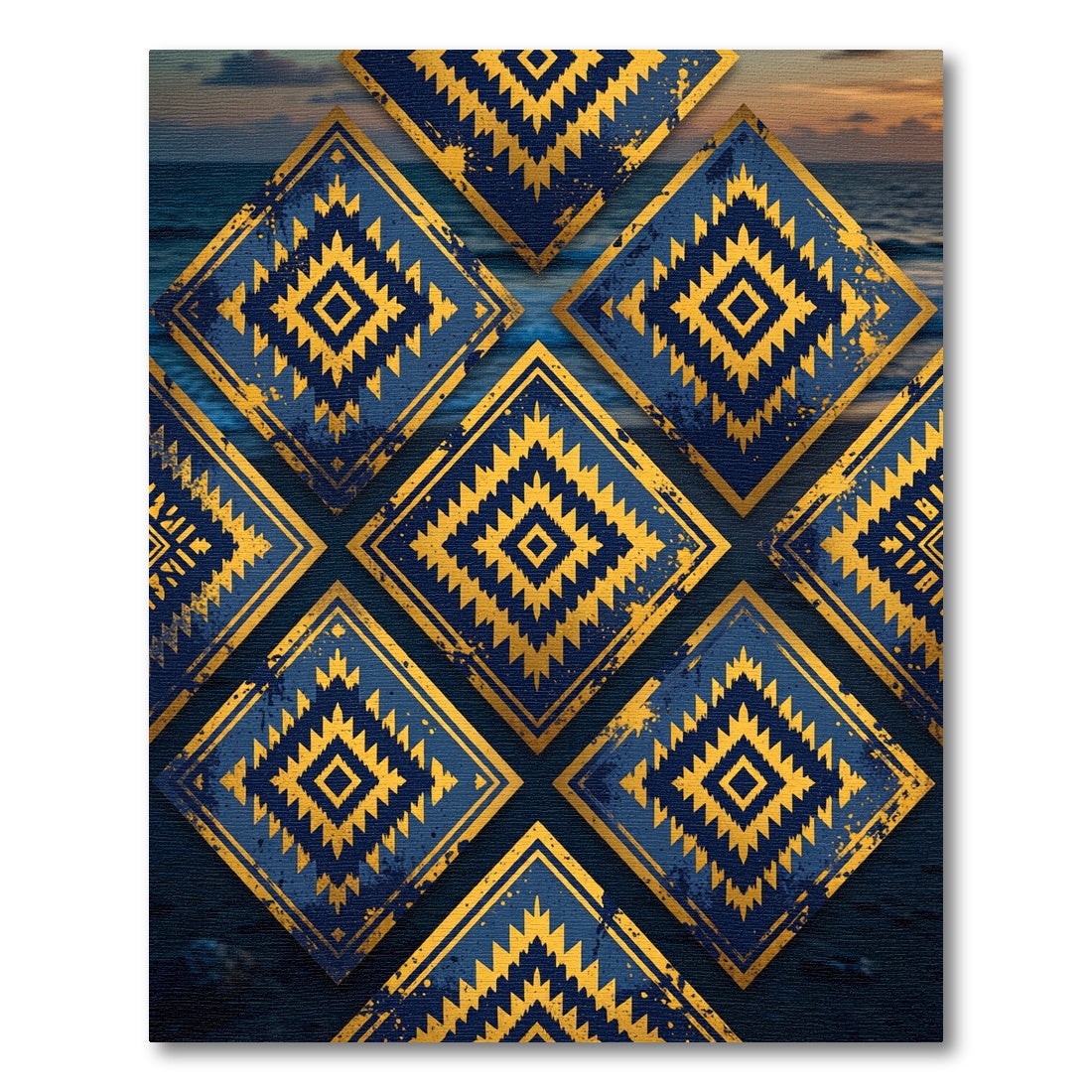 Navy Gold Tribal Diamond Geometric Rug