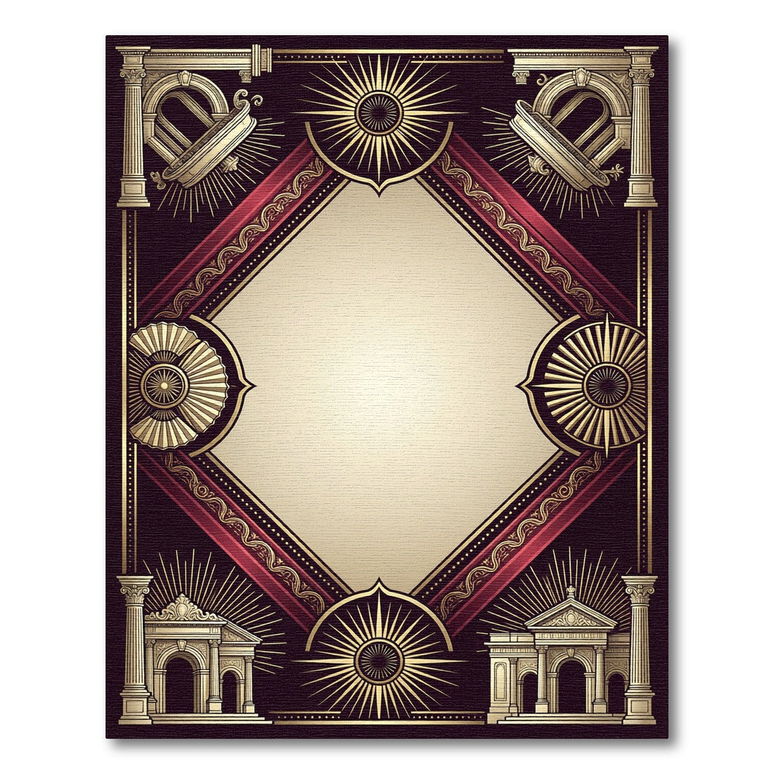 Neoclassical Gold Ruby Diamond Frame Rug