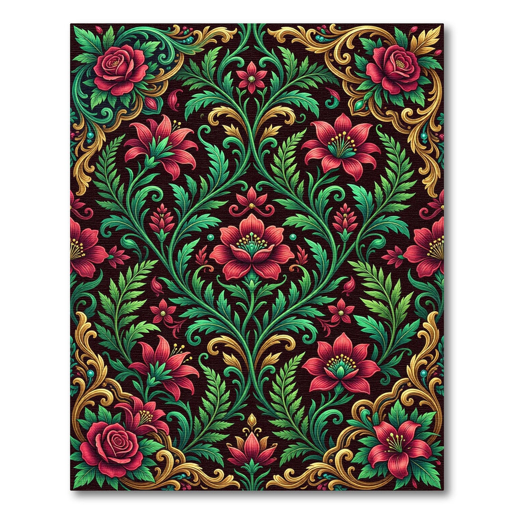 Opulent Crimson Floral Gold Scrollwork Rug