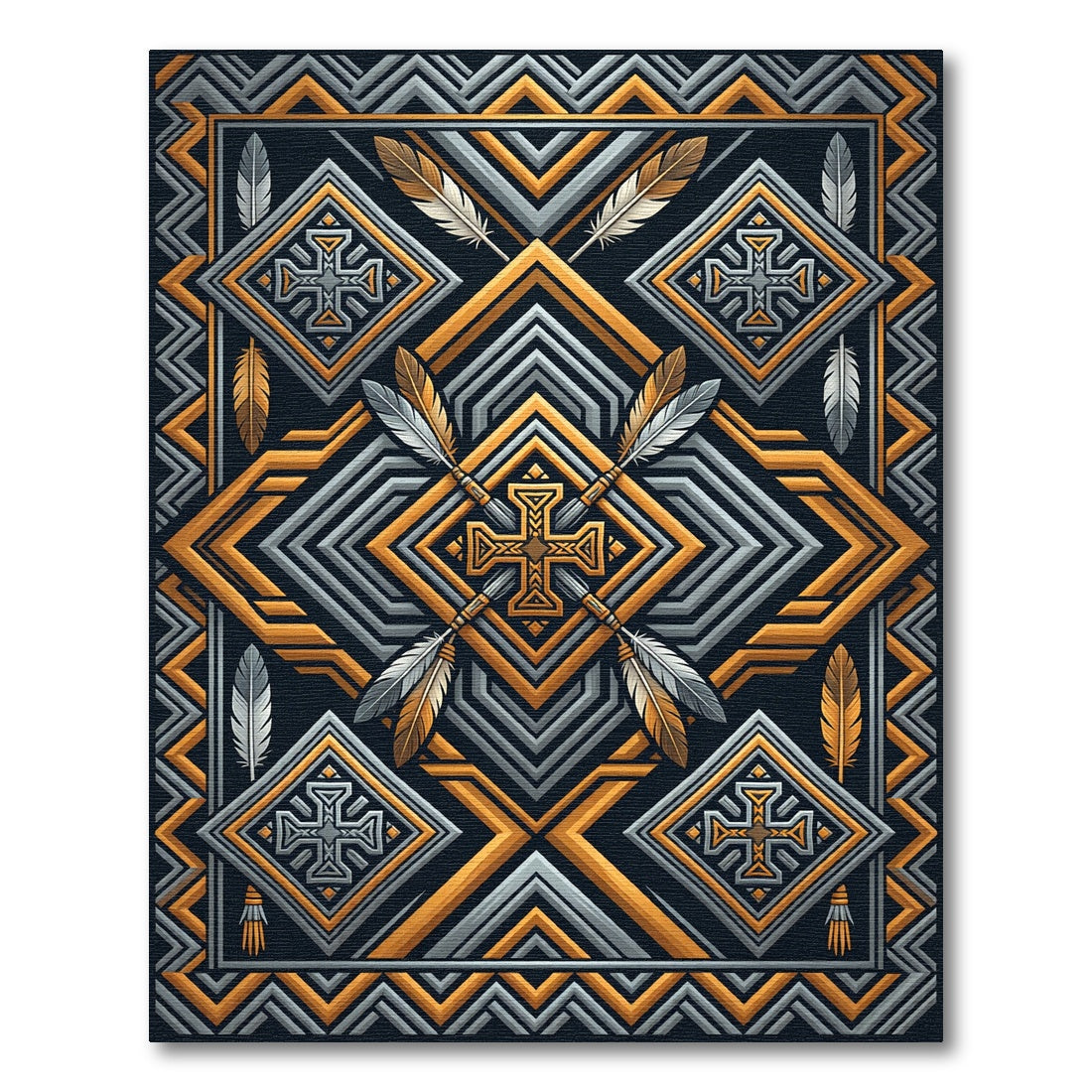 Geometric Gold and Slate Cross Rug