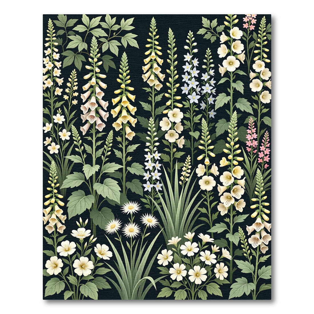 Botanical Wildflower Garden on Black Canvas Rug