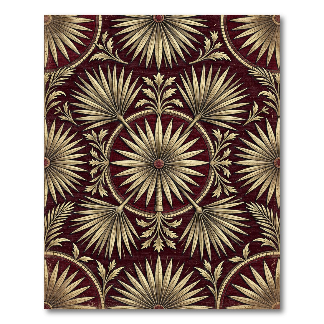 Golden Palm Fan Deep Crimson Medallion Rug