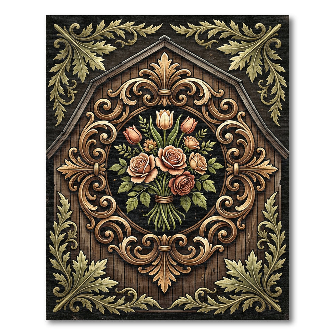 Ornate Golden Floral Bouquet Medallion Rug