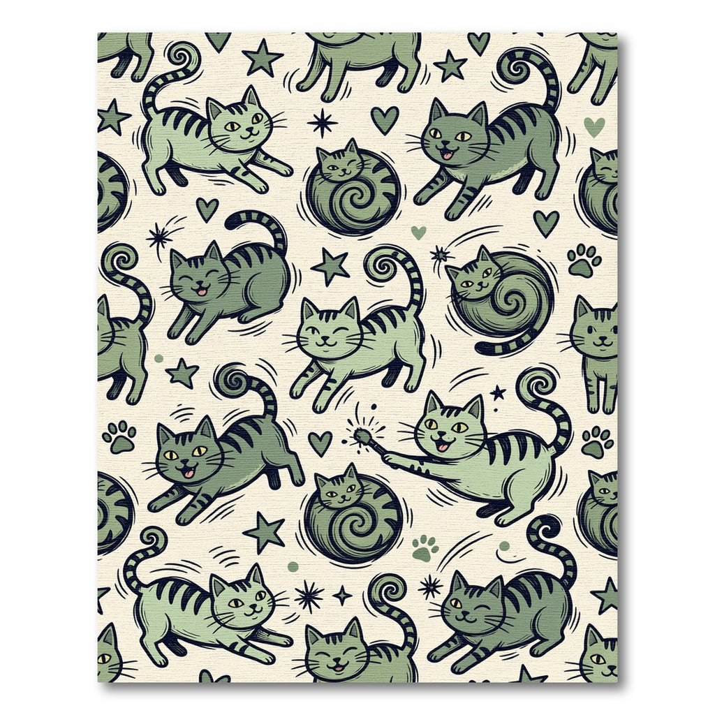 Whimsical Sage Green Cat Star Illustration Rug