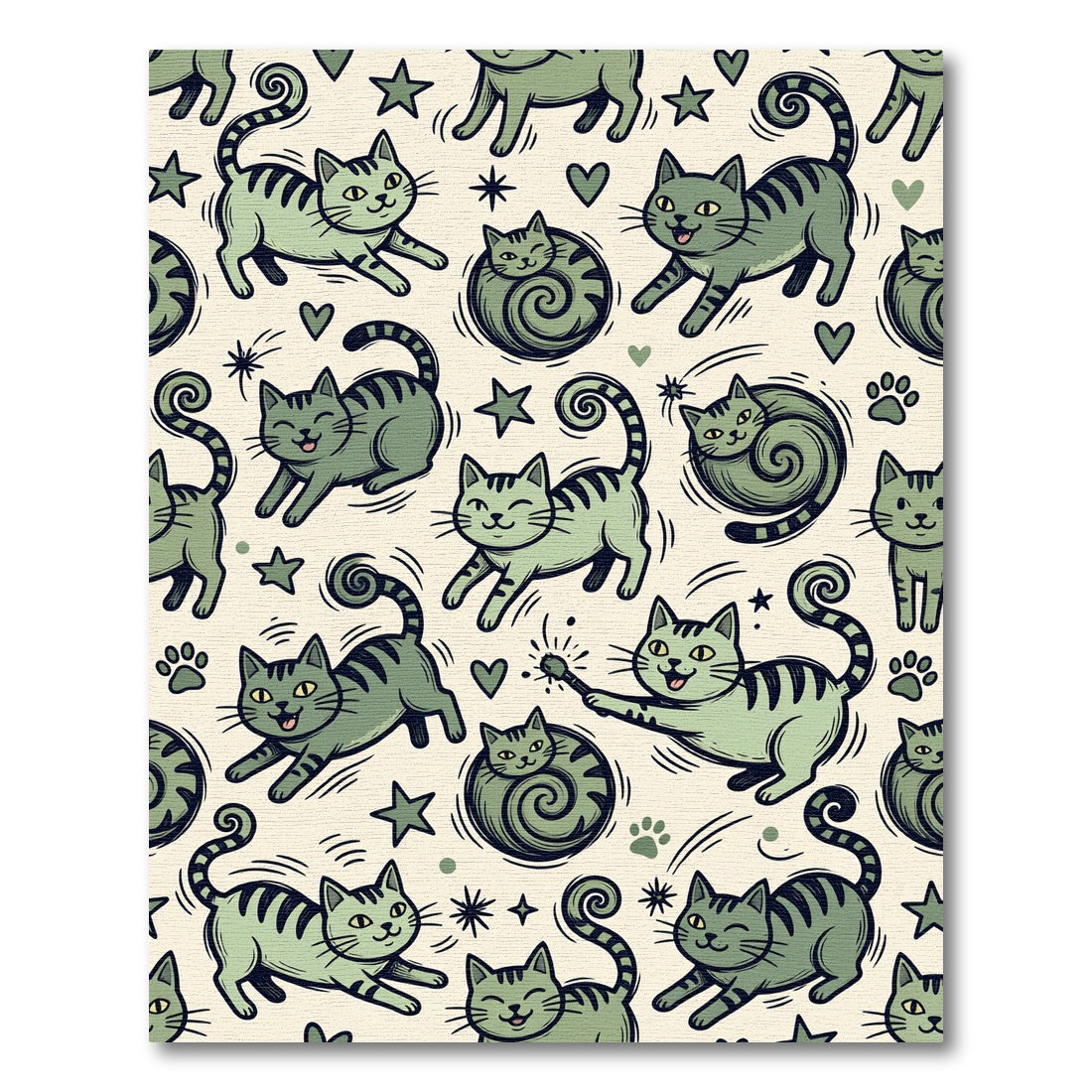 Whimsical Sage Green Cat Star Illustration Rug