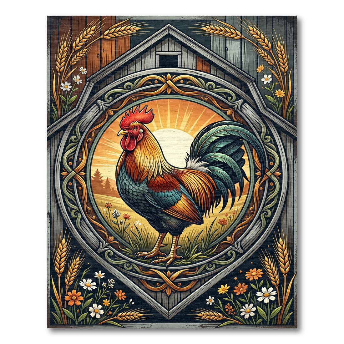 Rustic Golden Rooster Farmhouse Art Rug