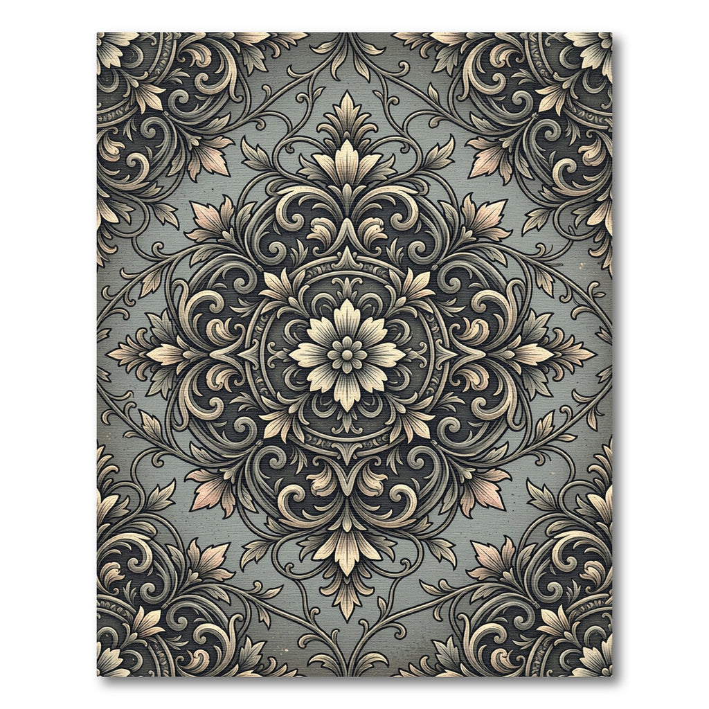 Elegant Gray Damask Scroll Floral Medallion Rug