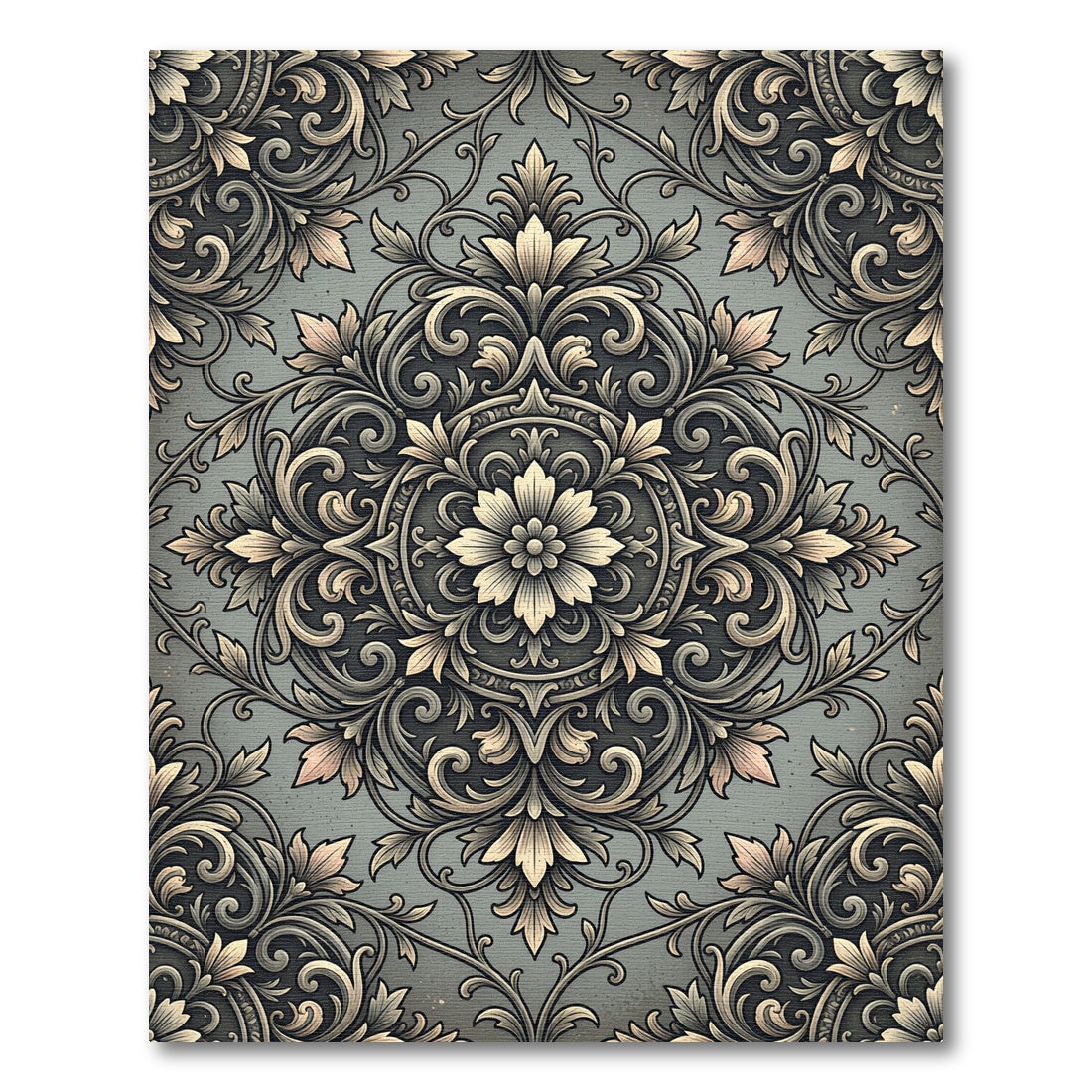 Elegant Gray Damask Scroll Floral Medallion Rug