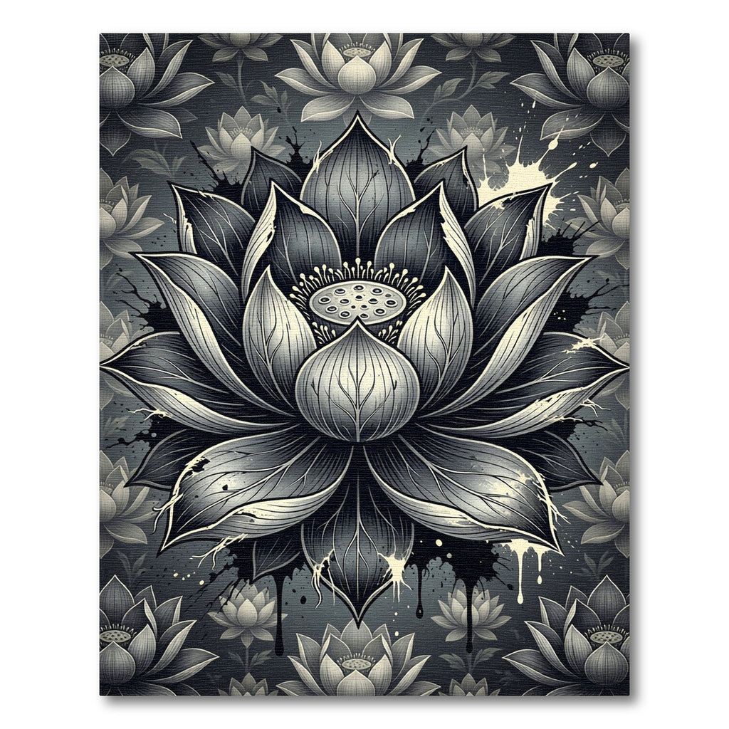 Monochrome Zen Lotus Blossom Floral Rug