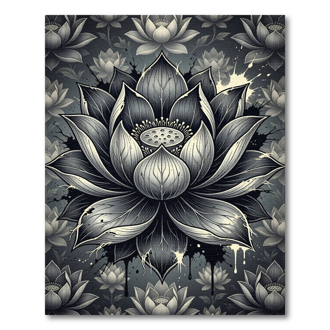 Monochrome Zen Lotus Blossom Floral Rug