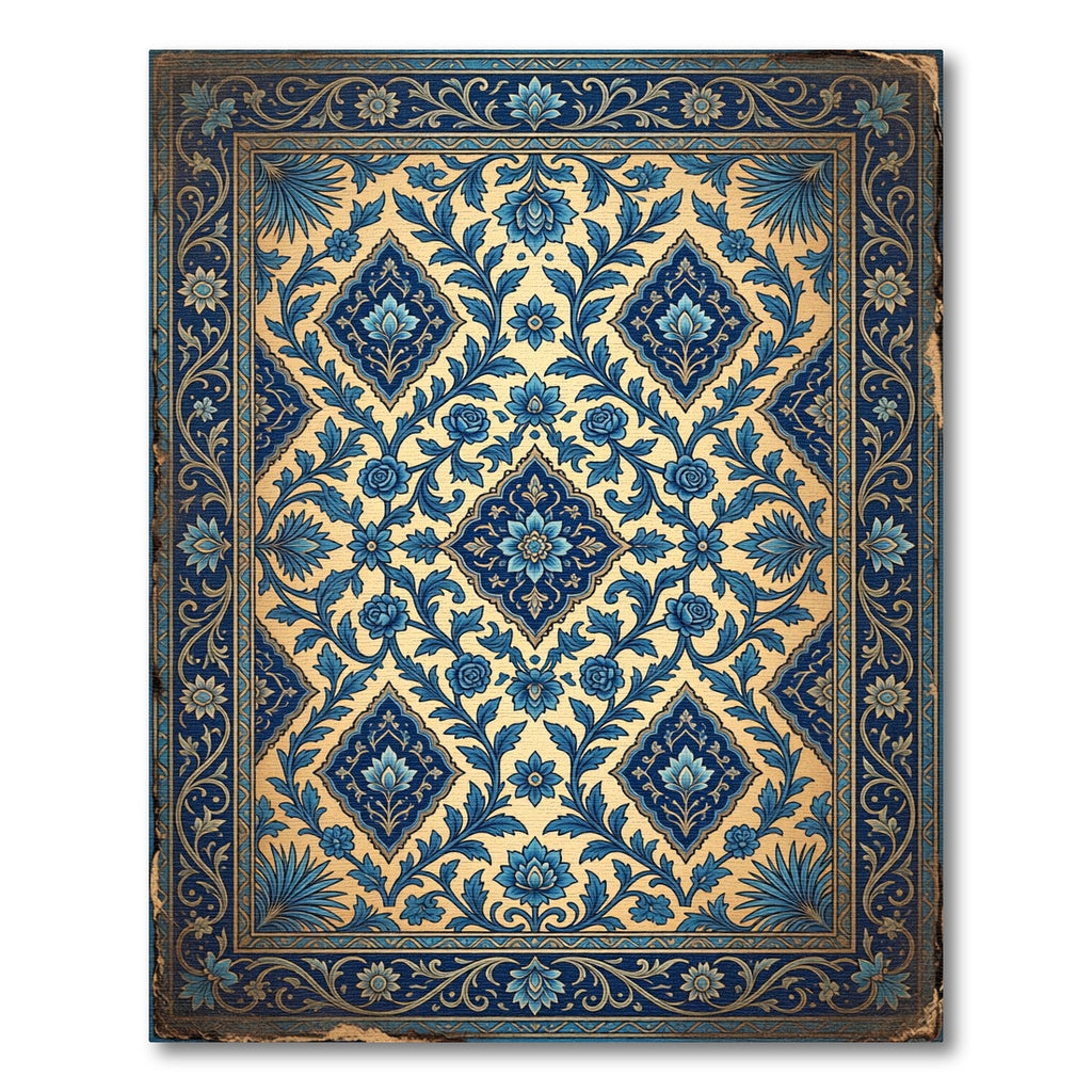 Ornate Blue Floral Medallion Gold Backdrop Rug