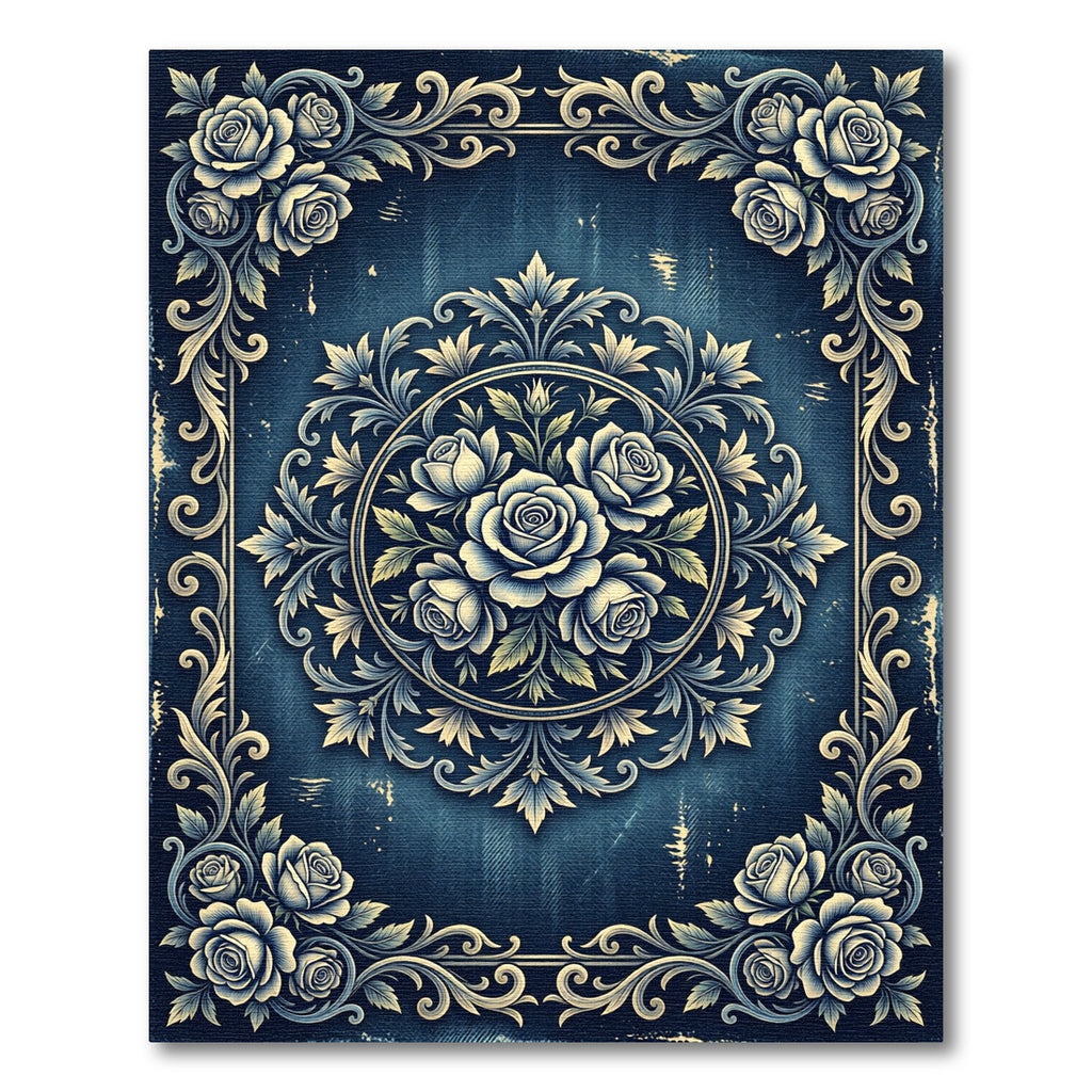 Vintage Indigo Rose Medallion Floral Rug