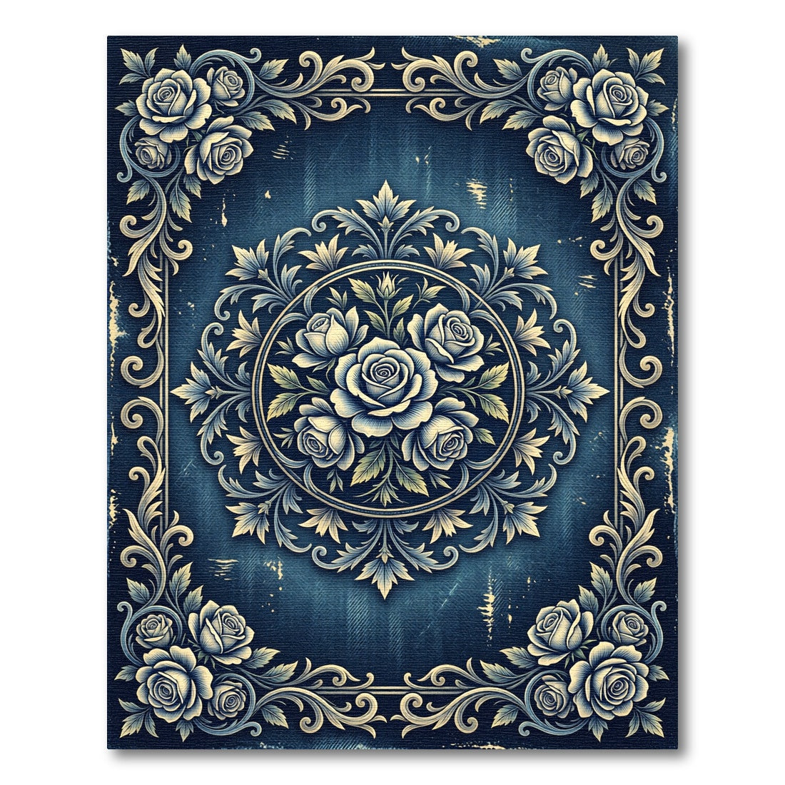 Vintage Indigo Rose Medallion Floral Rug