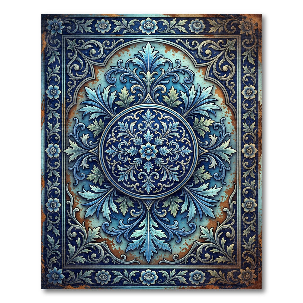Ornate Azure Floral Circular Medallion Rug