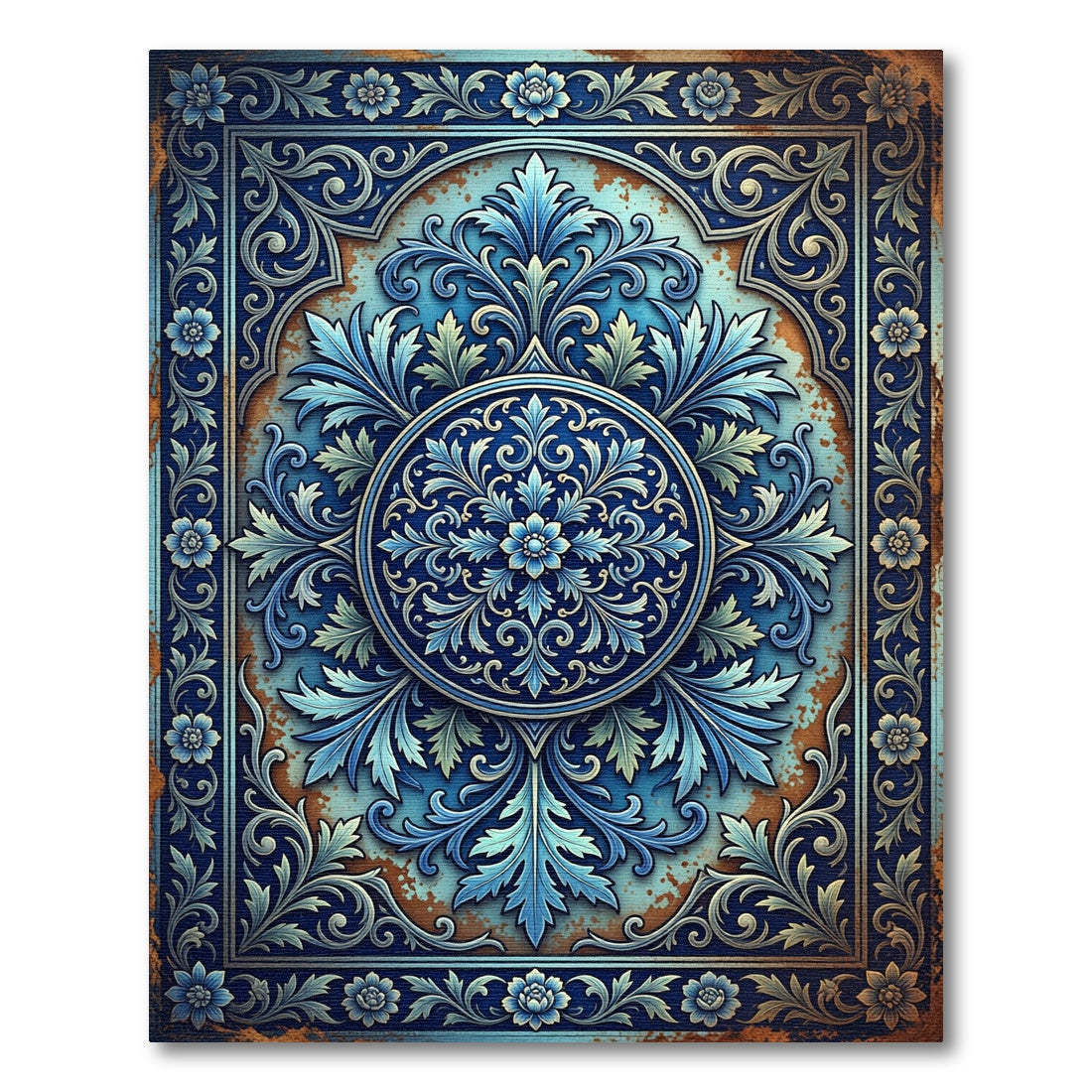 Ornate Azure Floral Circular Medallion Rug