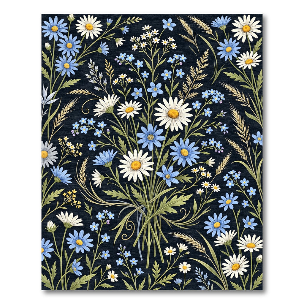 Midnight Field Daisy and Cornflower Bouquet Rug