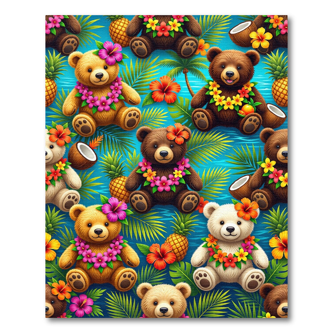 Tropical Teddy Bear Hibiscus Pineapple Illustration Rug