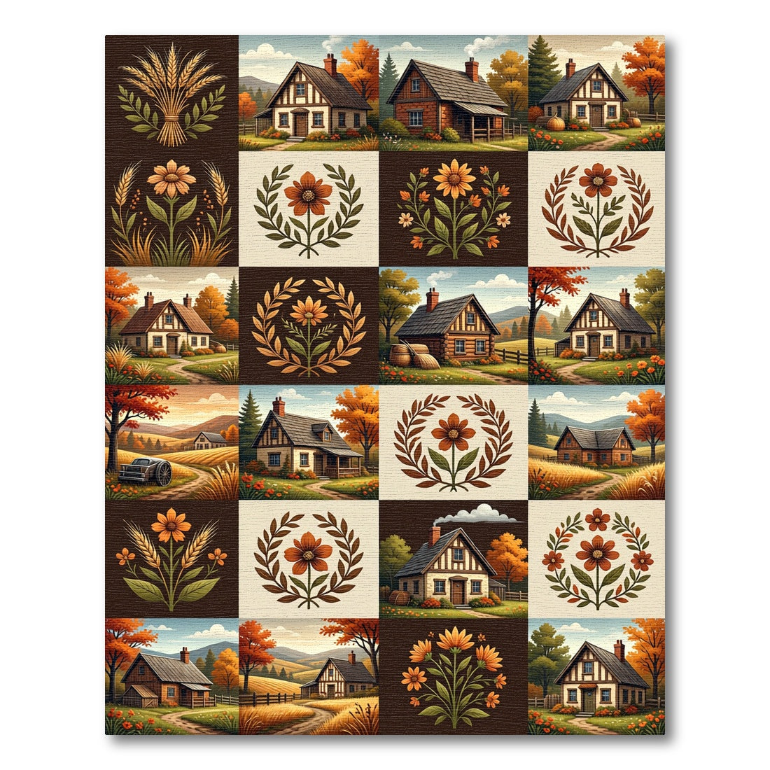 Autumnal Cottage Garden Floral Grid Rug
