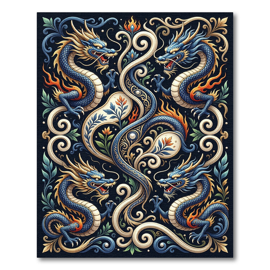Ornate Cobalt Dragon Foliage Scroll Art Rug