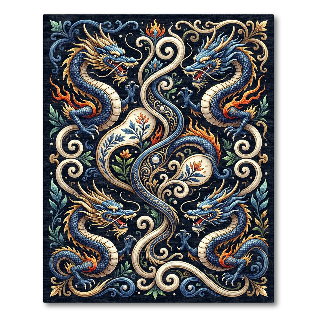 Ornate Cobalt Dragon Foliage Scroll Art Rug