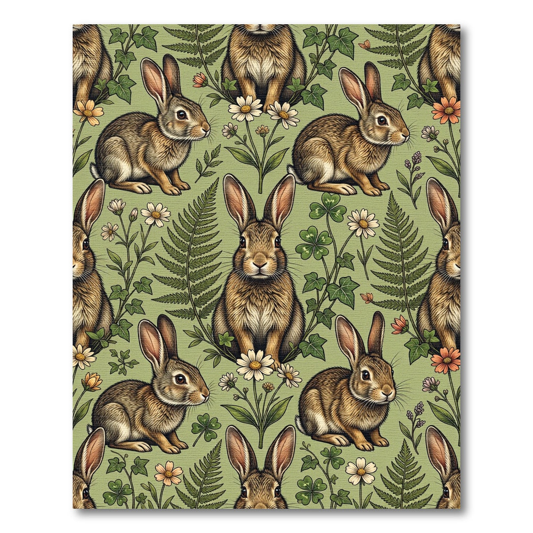 Whimsical Sage Woodland Rabbit Meadow Rug