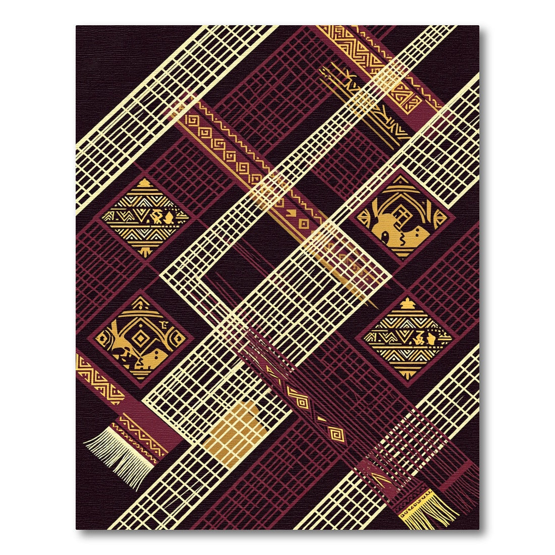 Geometric Maroon Gold African Lattice Rug