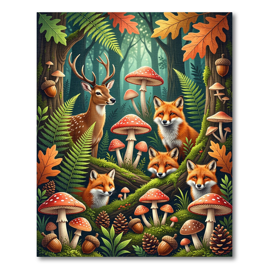 Whimsical Woodland Deer and Fox Forest Rug
