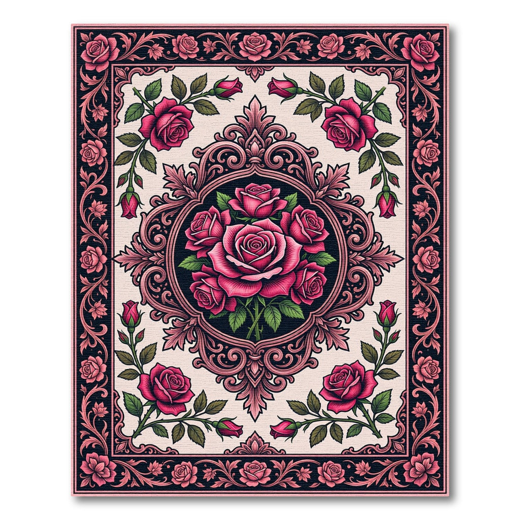Fuchsia Rose Filigree Oval Border Rug