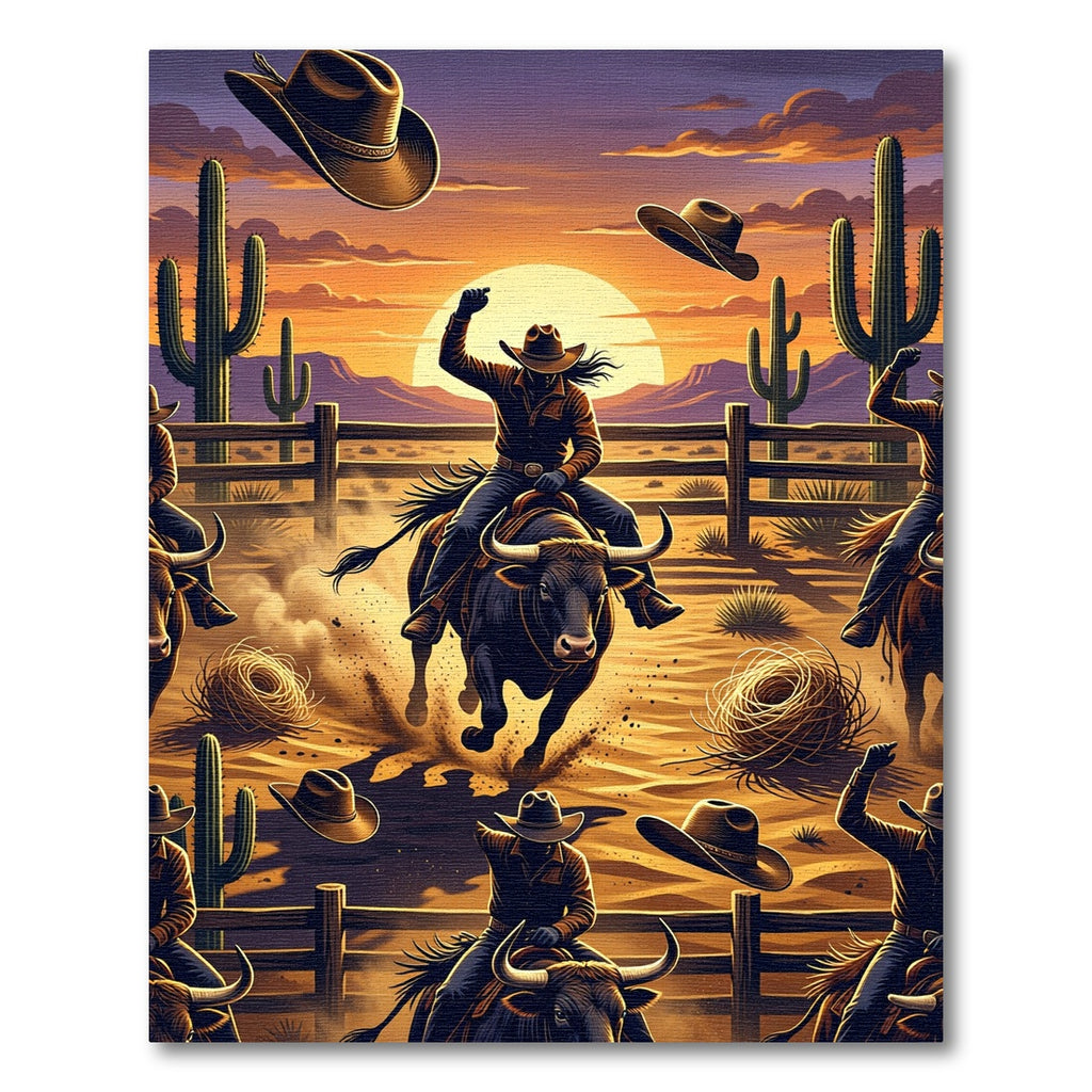 Western Sunset Cowboy Bull Riding Art Rug