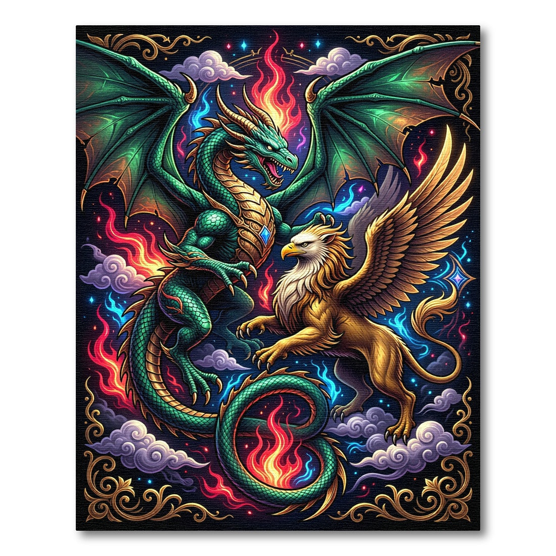 Epic Fantasy Dragon and Griffin Battle Rug
