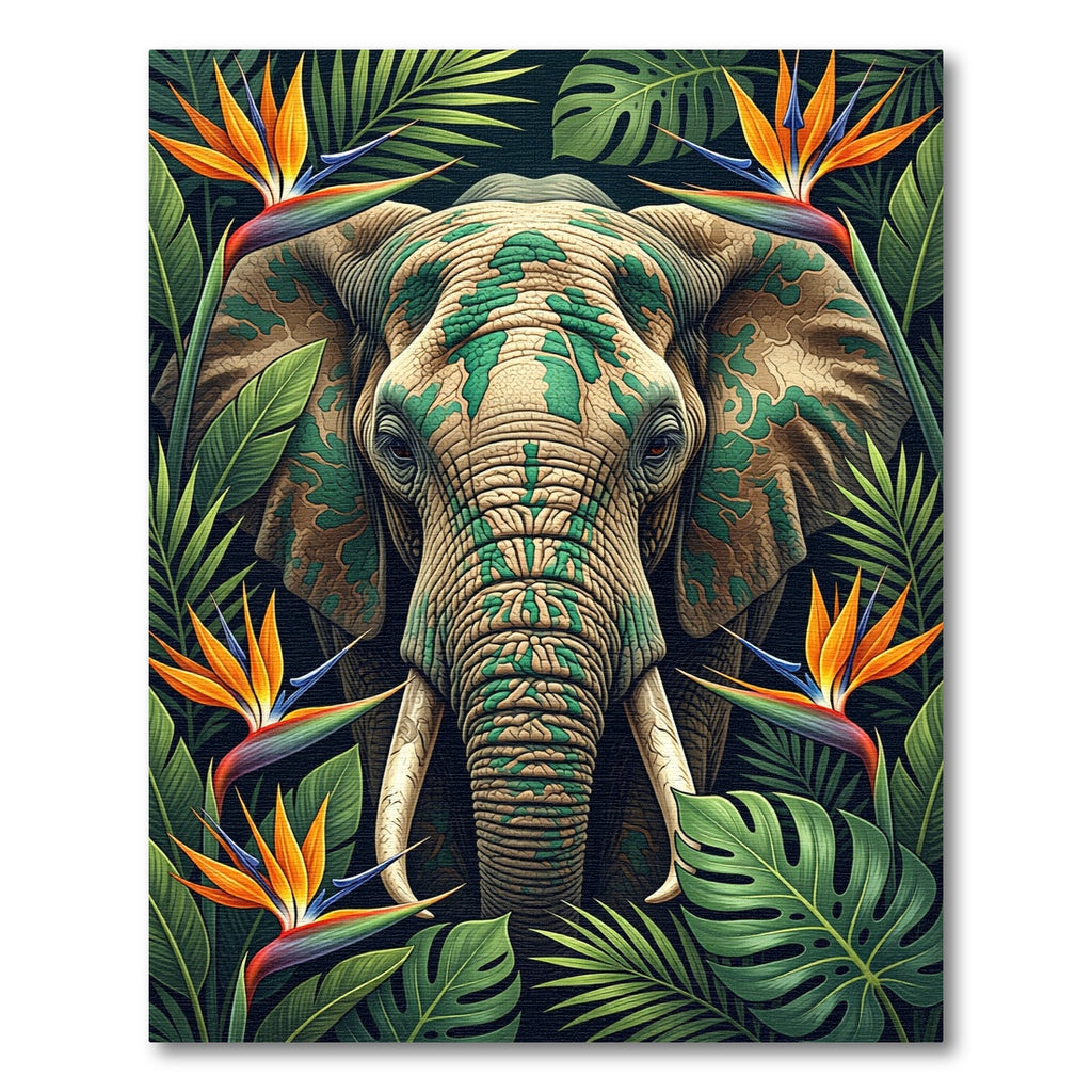 Majestic Elephant amidst Vibrant Tropical Flora Rug