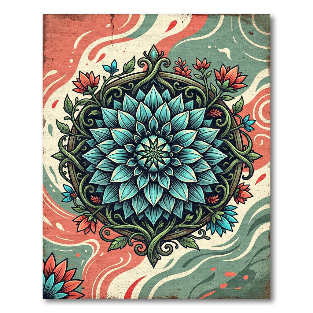 Teal Lotus Mandala Floral Art Rug