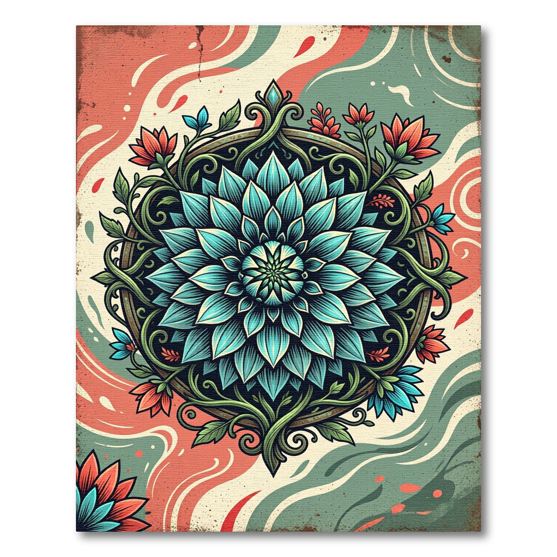 Teal Lotus Mandala Floral Art Rug