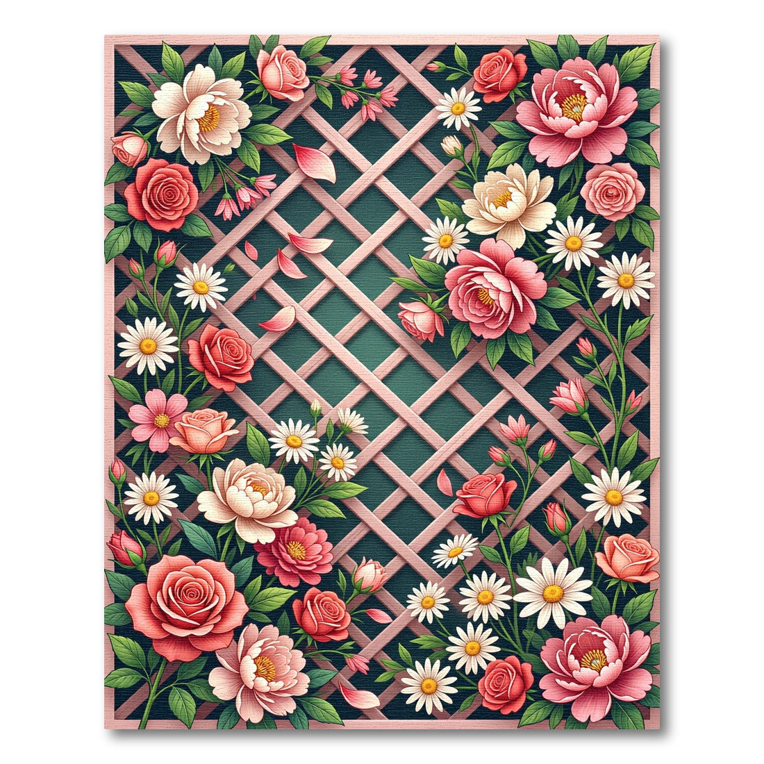 Pink Roses Daisy Lattice Floral Rug