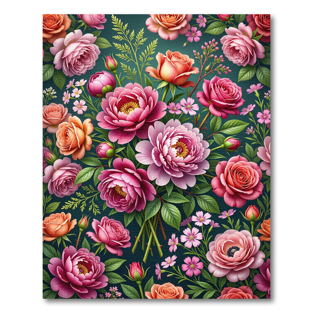 Lush Pink Rose Peony Botanical Bouquet Rug