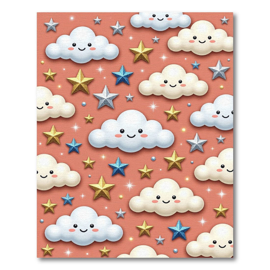 Whimsical Coral Celestial Clouds and Stars Rug