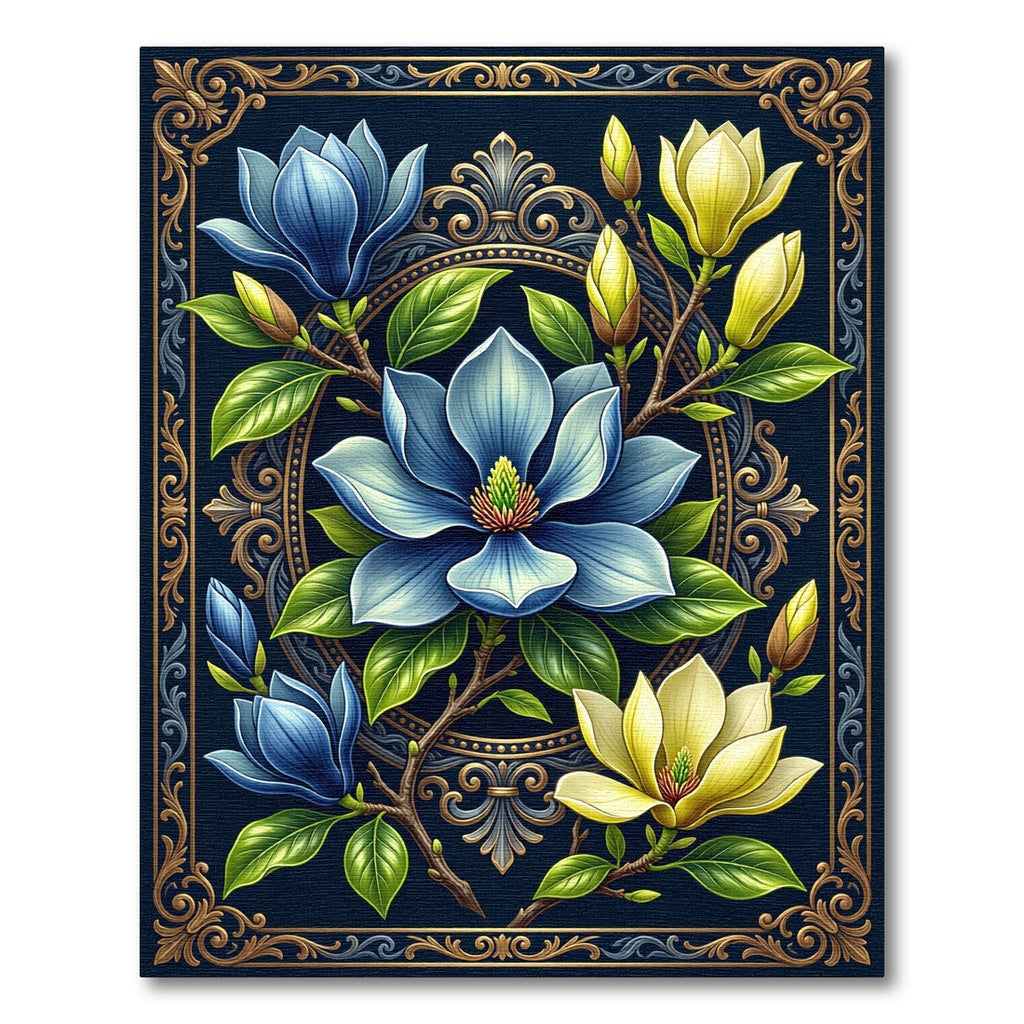 Elegant Blue and Gold Magnolia Frame Rug