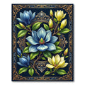 Elegant Blue and Gold Magnolia Frame Rug