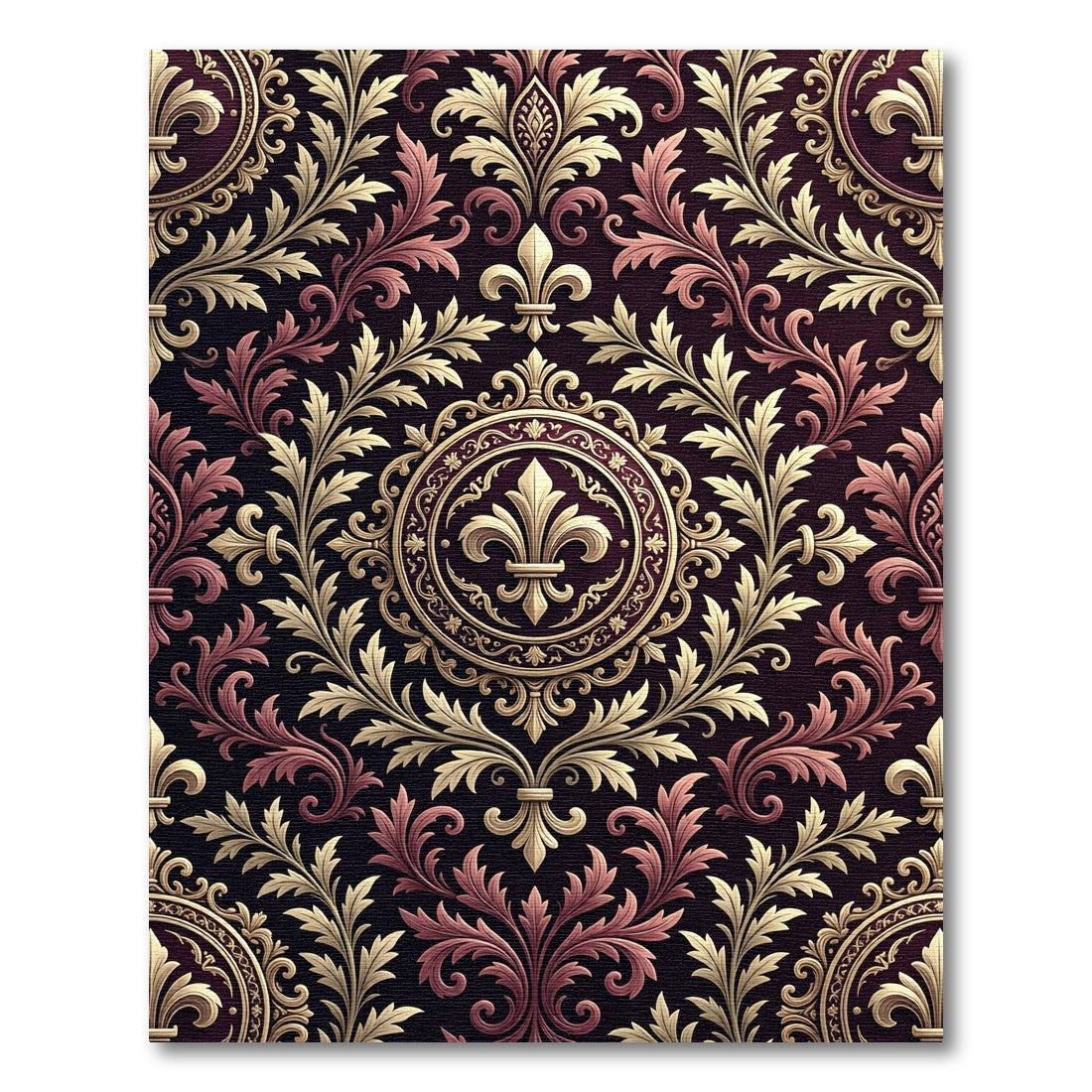 Regal Burgundy Gold Fleur-de-lis Swirls Rug