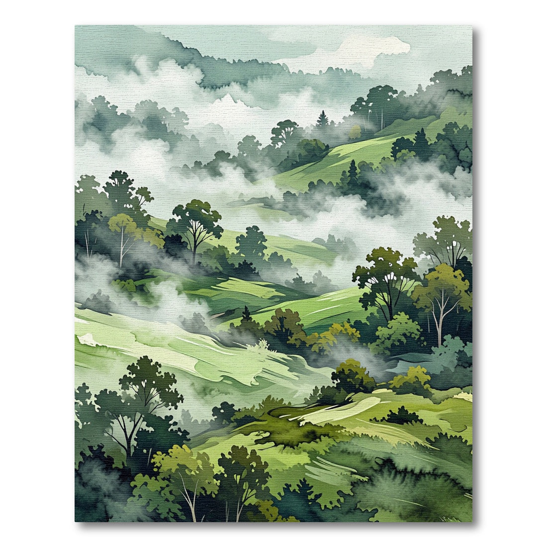 Misty Green Rolling Hills Landscape Rug