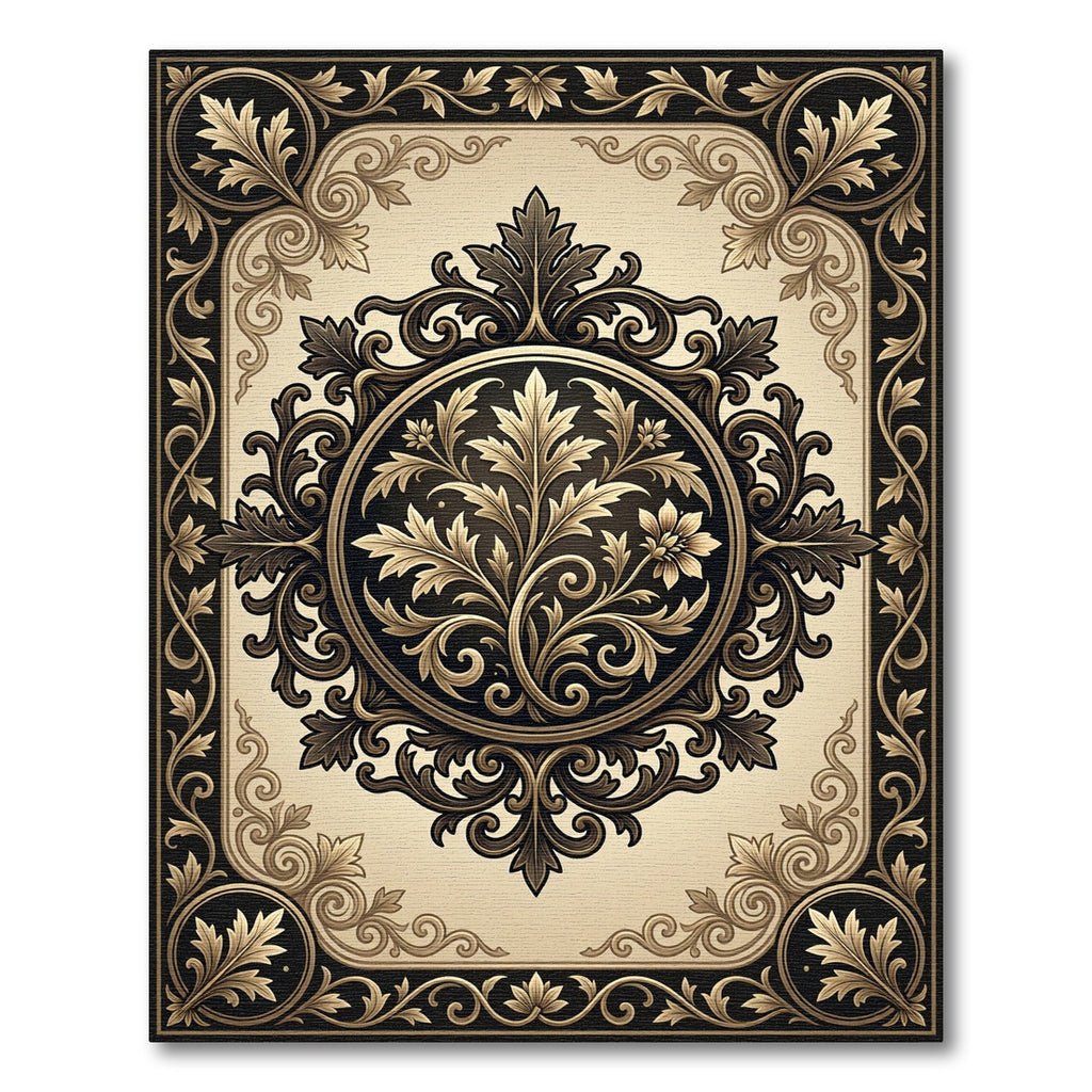 Elegant Black and Gold Acanthus Medallion Rug