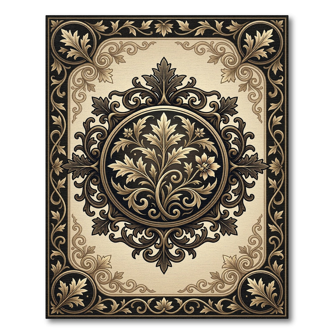 Elegant Black and Gold Acanthus Medallion Rug