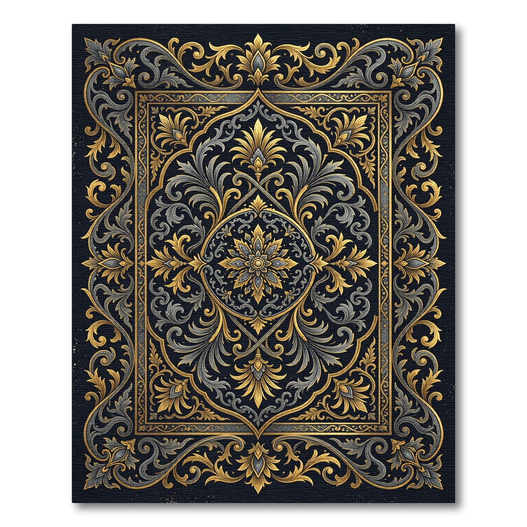 Ornate Gold and Charcoal Floral Damask Rug