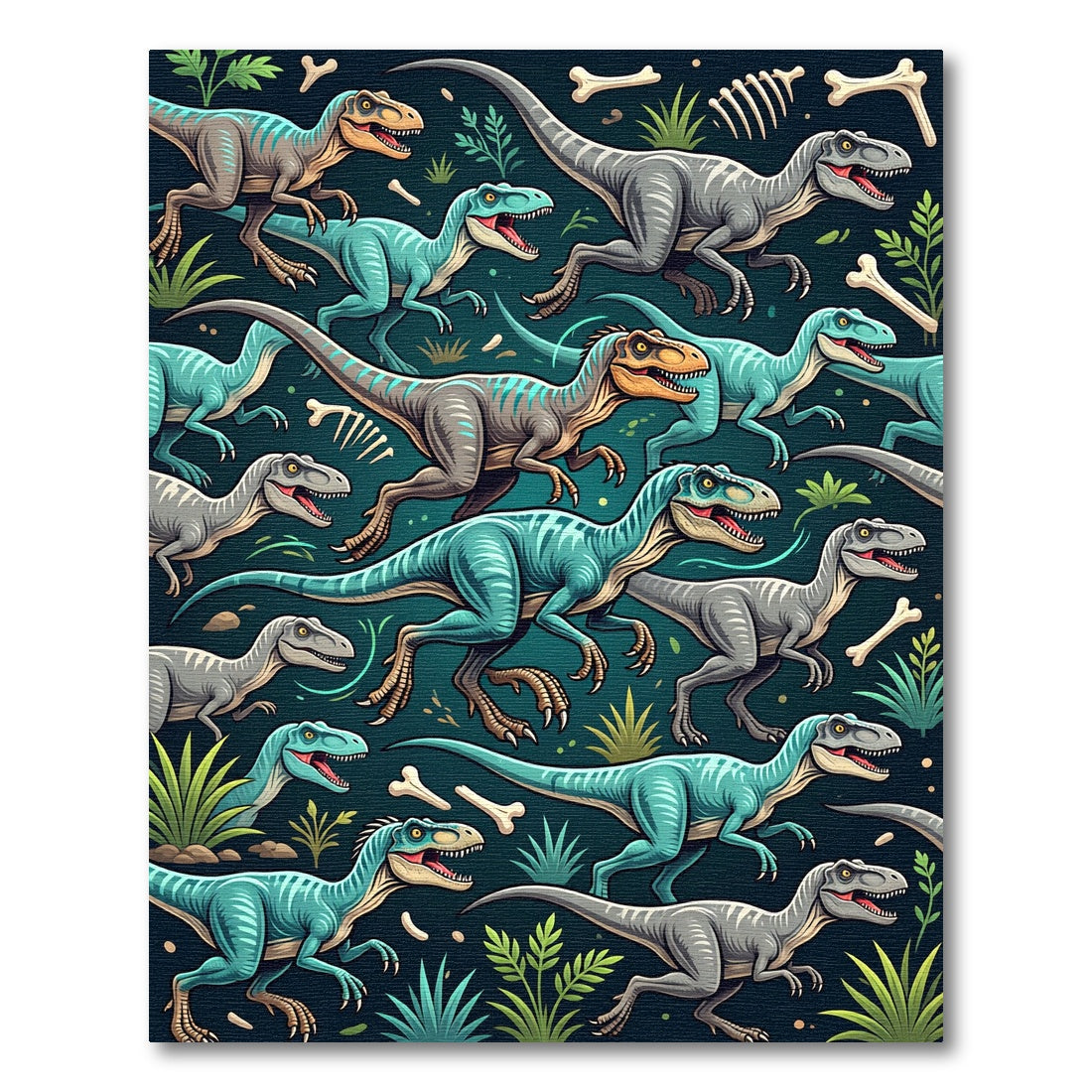 Teal Jurassic Dinosaur Jungle Landscape Rug