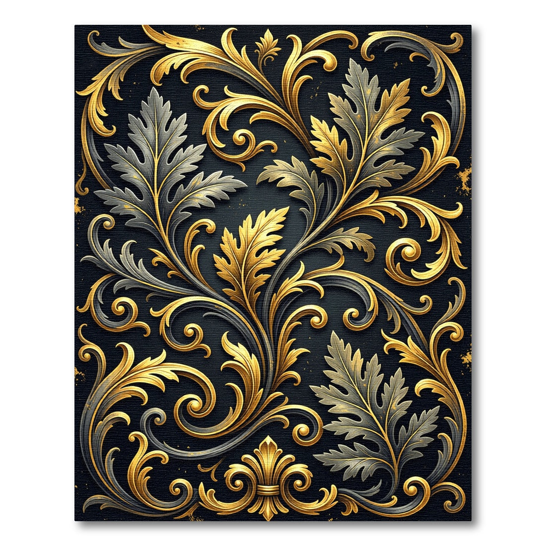 Black Gold Filigree Floral Leaf Swirls Rug