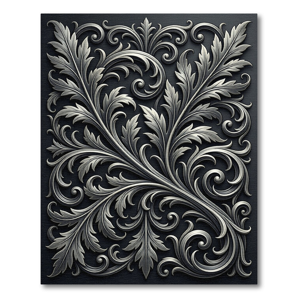 Ornate Silver Acanthus Leaf Scrollwork Rug