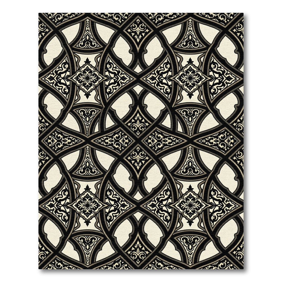Ornate Monochrome Damask Lattice Scroll Rug